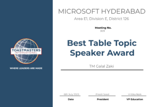 Best Table Topics Speaker Award at the 309th meeting of Microsoft Hyderabad Toastmasters Club